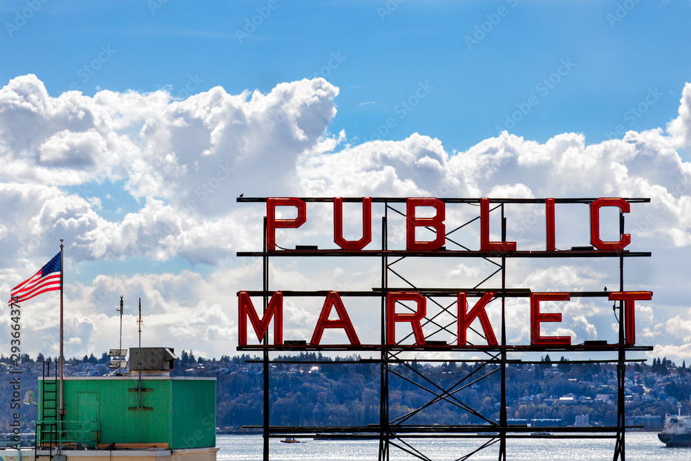 The neon Public Market sign at the famous Pike Place Market in Seattle, WA